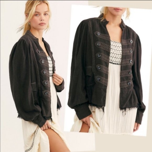 Free People Ariana Lace Trim Boho Military Jacket XS Black New
